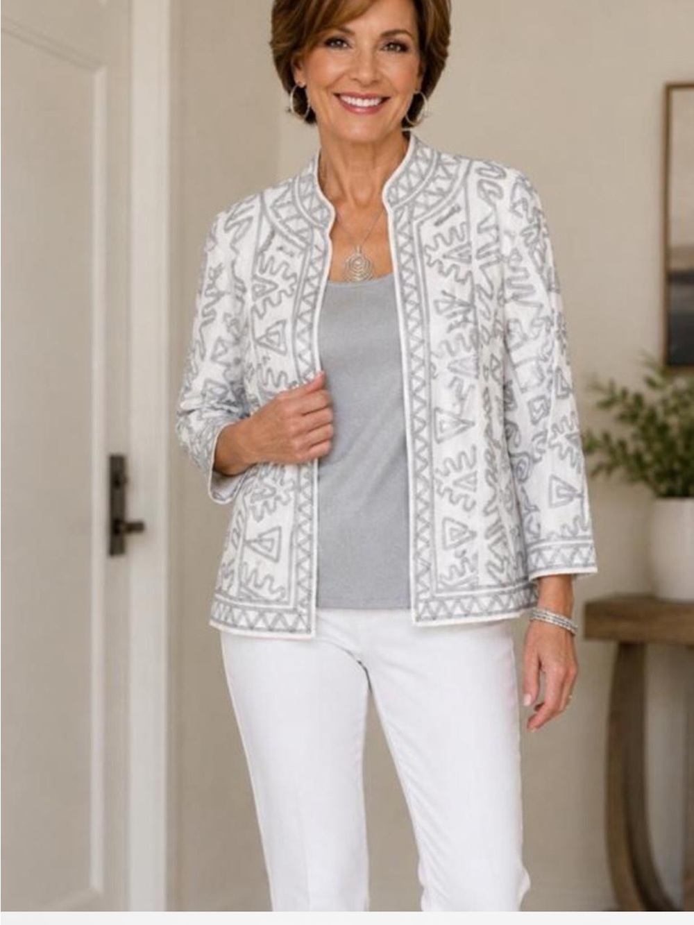 Chico’s Lightweight Open Front Jacket Gray Soutache Trim Women’s size Large
